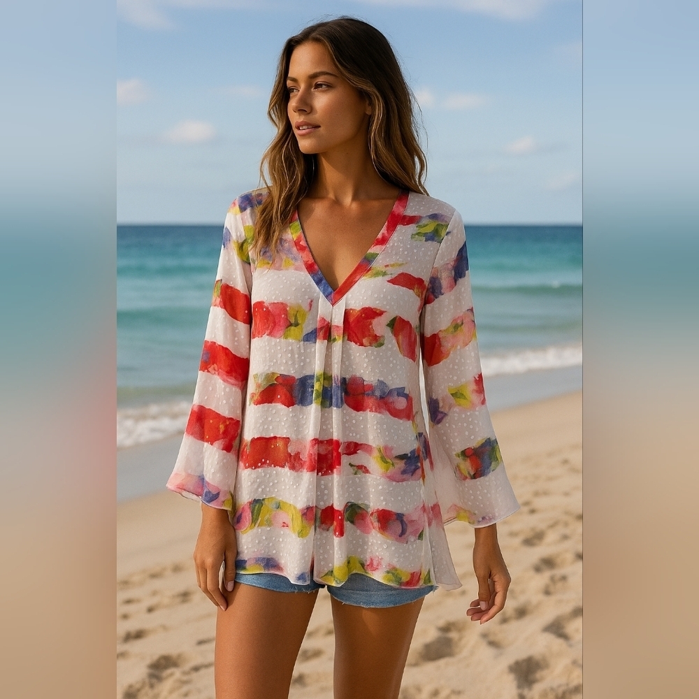Maryan MEHLHORN Stunning Watercolor Sheer Tunic Top with Sequins – Size M